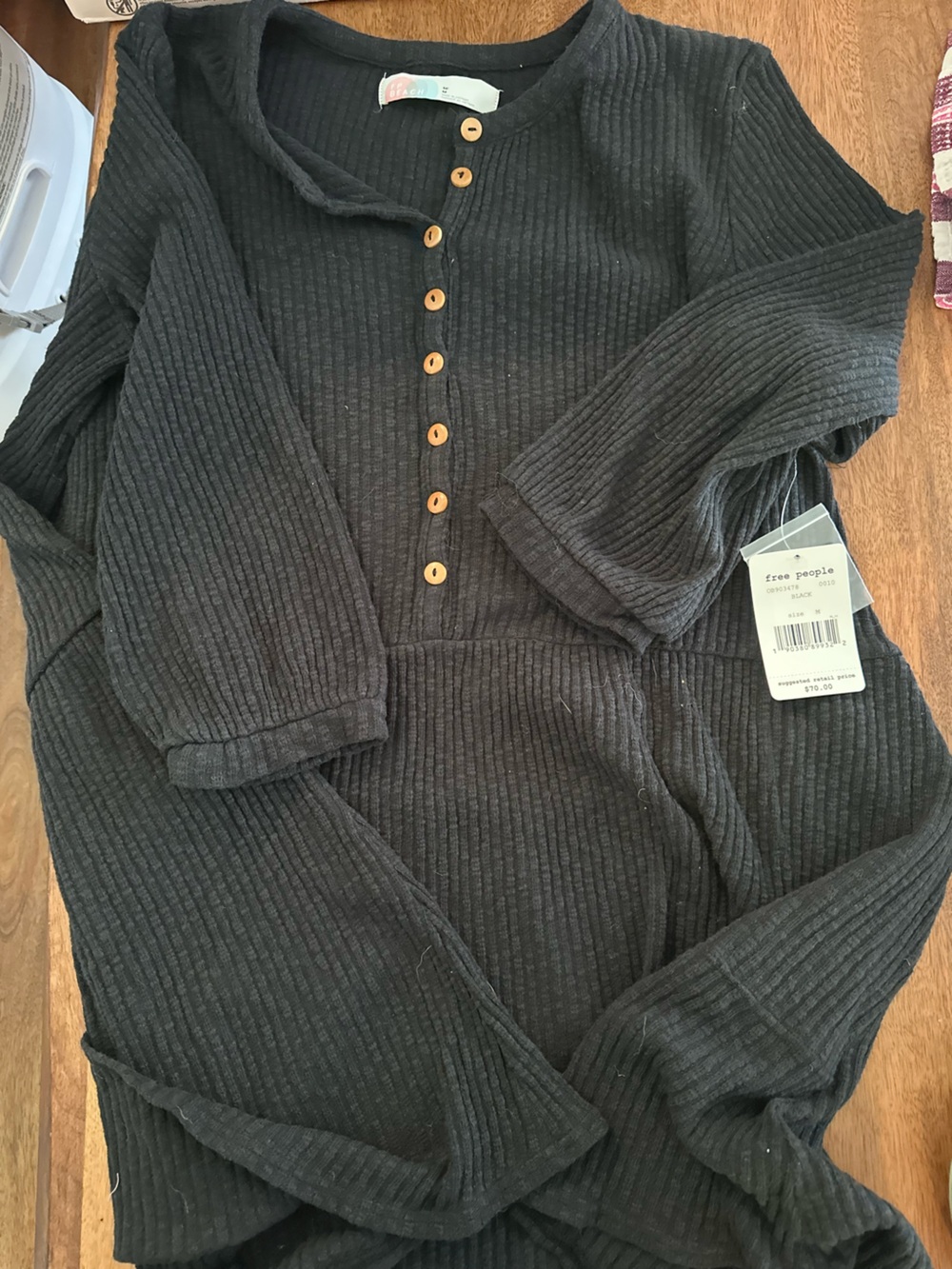 Free People Black Ribbed Henley with Wood Buttons